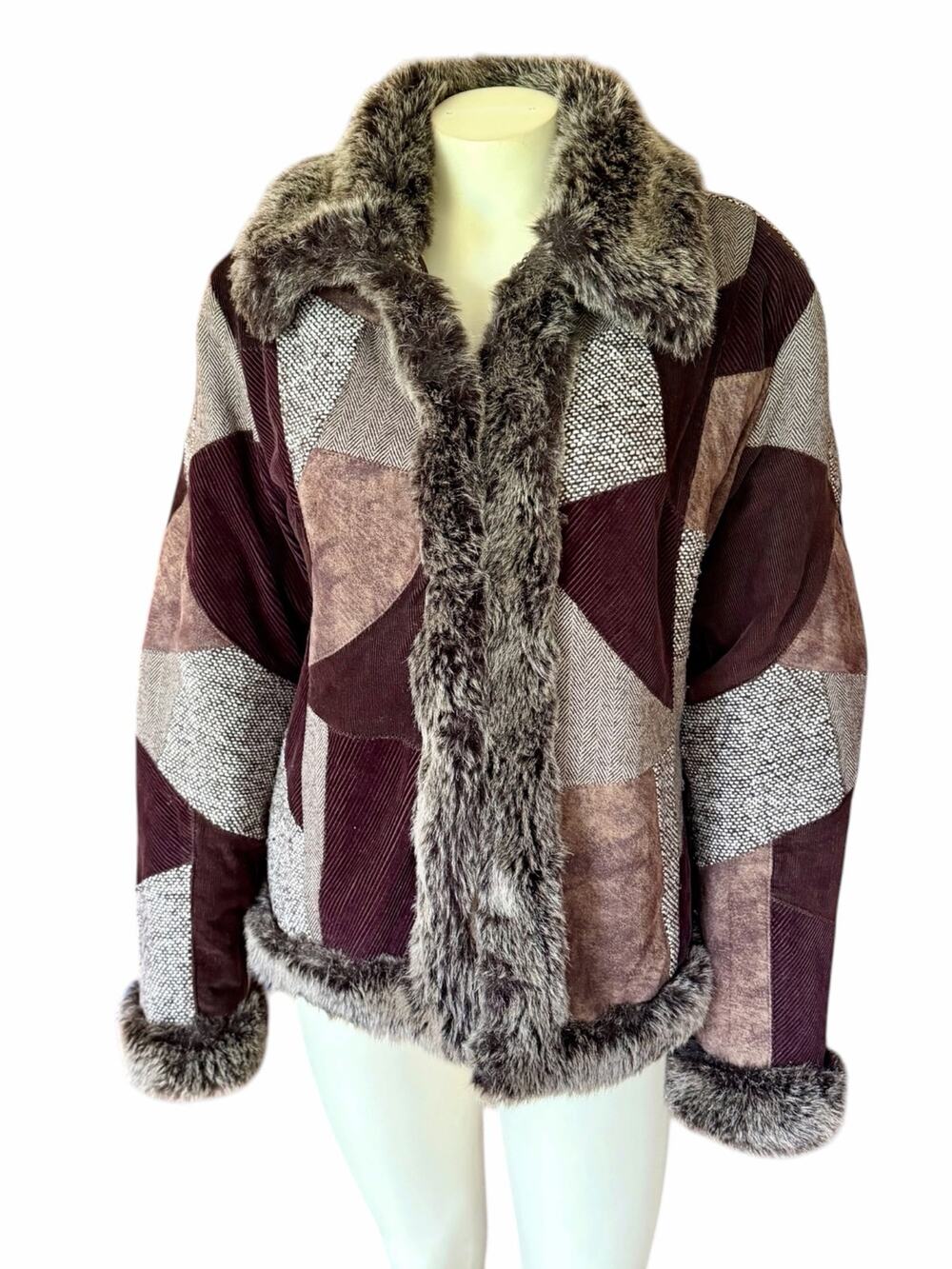 Tribeca Studio Boho Patchwork Faux Fur Trim Jacket Coat Brown Vintage Large
